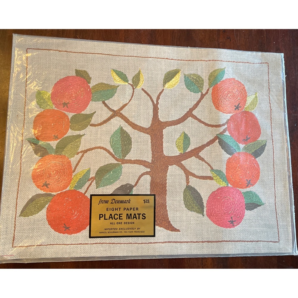 Vintage 1960's 60s MCM Marcel Schurman Paper Placemats Set 8 Denmark Citrus Tree